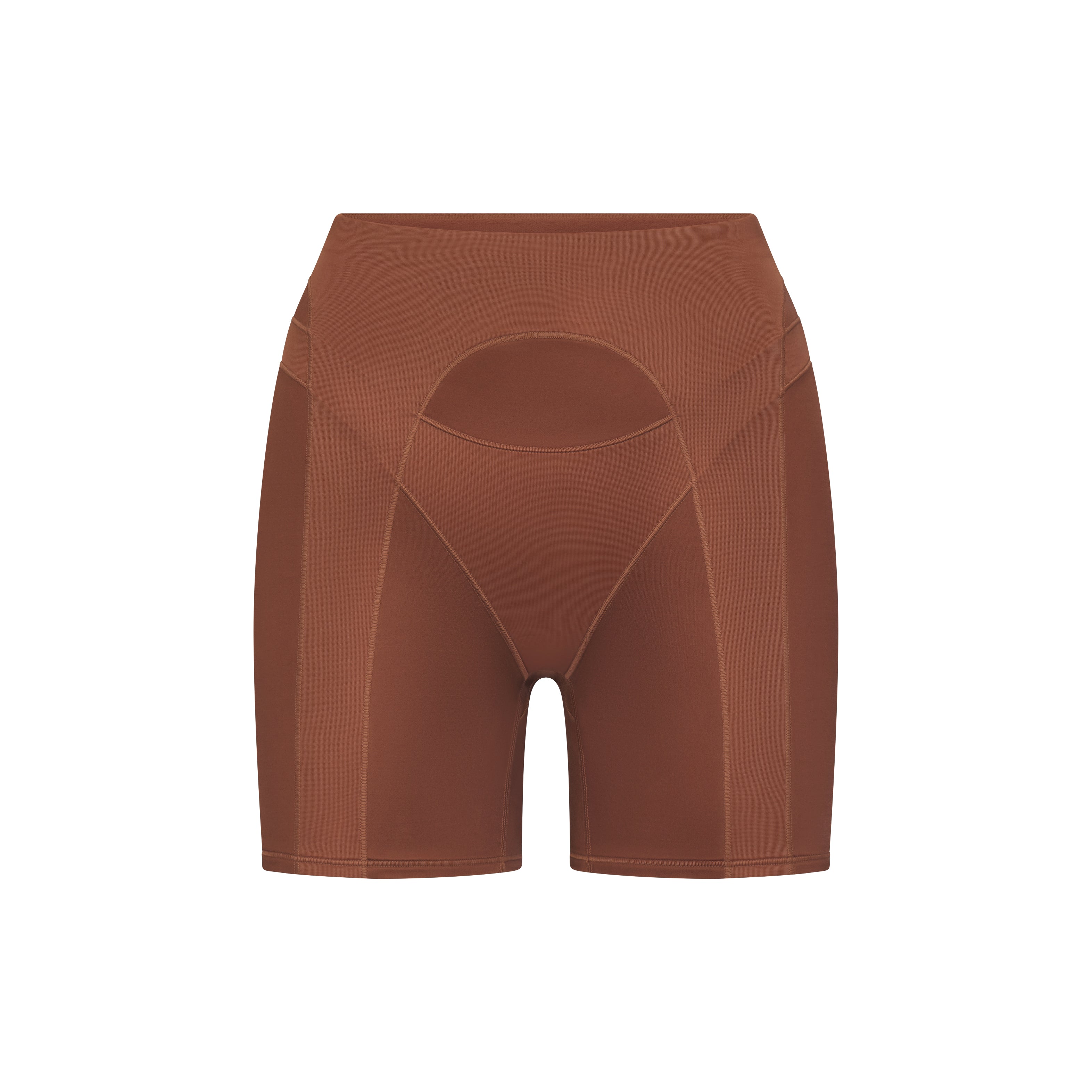 NikeSKIMS SATIN SHINE PANELED 5” BIKER SHORT | CAROB BROWN & LAYS FLAT ON A WHITE BACKGROUND | FLT