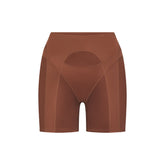 NikeSKIMS SATIN SHINE PANELED 5” BIKER SHORT | CAROB BROWN & LAYS FLAT ON A WHITE BACKGROUND | FLT