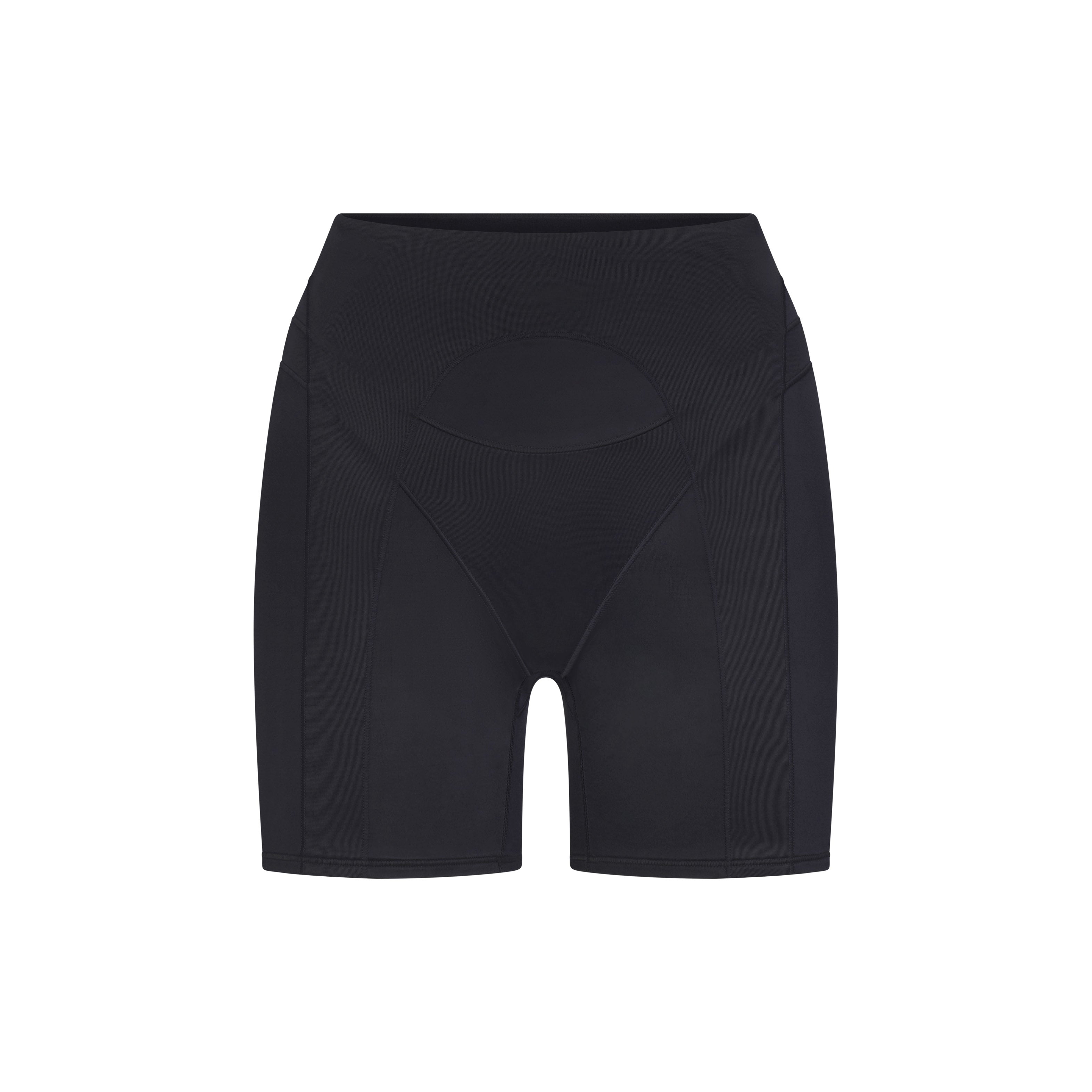 NikeSKIMS SATIN SHINE PANELED 5” BIKER SHORT | OBSIDIAN & LAYS FLAT ON A WHITE BACKGROUND | FLT