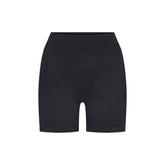 NikeSKIMS SATIN SHINE PANELED 5” BIKER SHORT | OBSIDIAN & LAYS FLAT ON A WHITE BACKGROUND | FLT