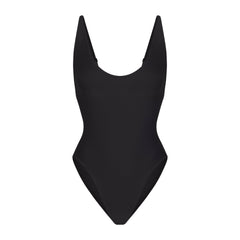 SIGNATURE SWIM SCOOP NECK ONE PIECE | ONYX FLAT ON A WHITE BACKGROUND | FLT