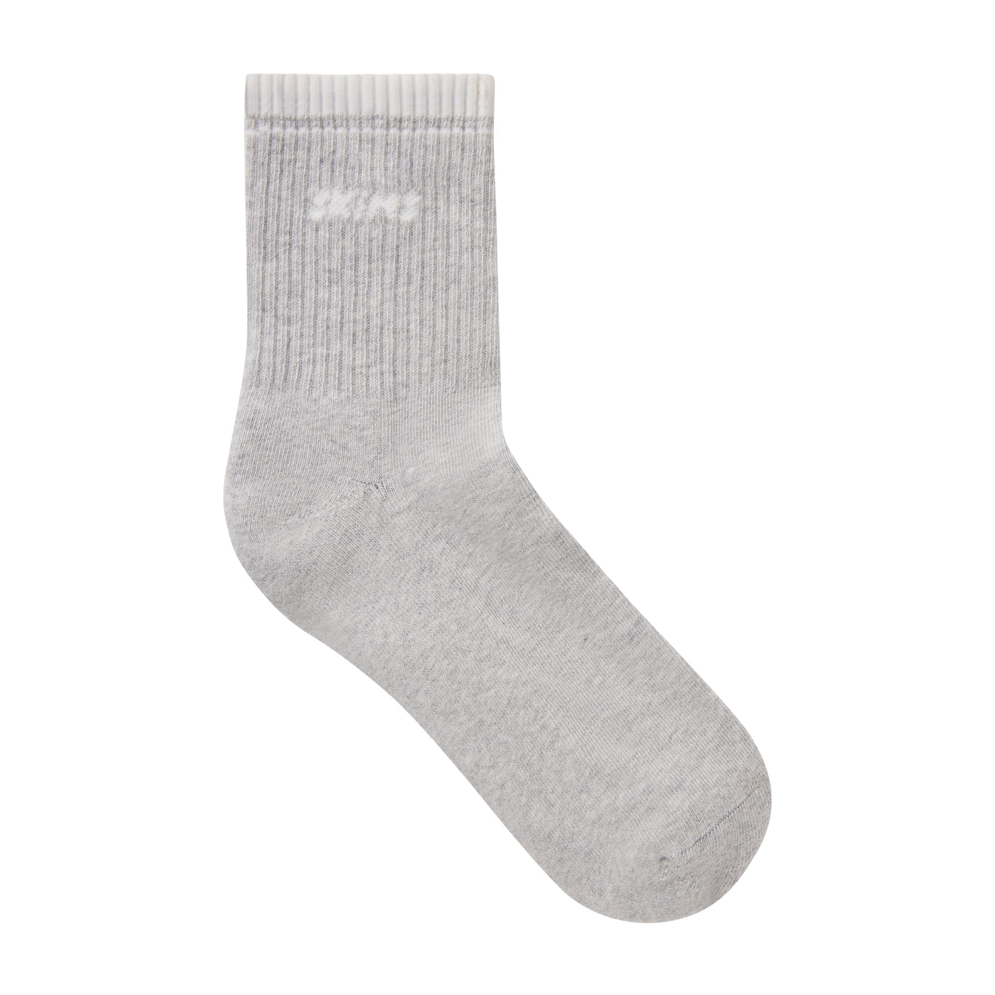 RIBBED QUARTER CREW LOGO SOCK | LIGHT HEATHER GREY AND SNOW & LAYS FLAT ON A WHITE BACKGROUND | FLT