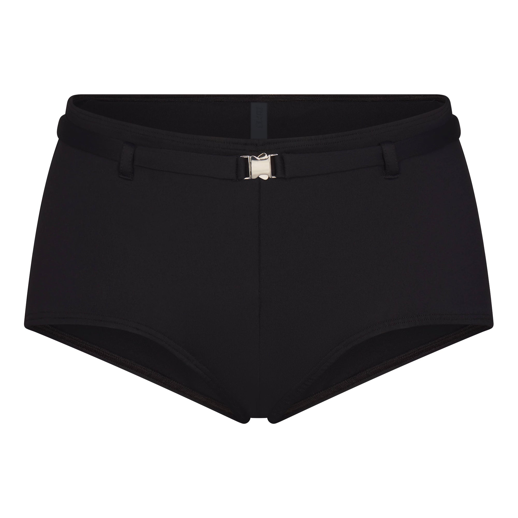 ICONIC SWIM BELTED BOY SHORT BIKINI BOTTOM | OBSIDIAN FLAT ON A WHITE BACKGROUND | FLT