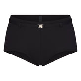 ICONIC SWIM BELTED BOY SHORT BIKINI BOTTOM | OBSIDIAN FLAT ON A WHITE BACKGROUND | FLT