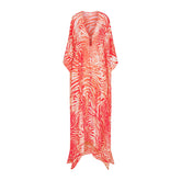 SHEER COVER-UPS LONG KAFTAN | CARMINE ZEBRA PRINT FLAT ON A WHITE BACKGROUND | FLT