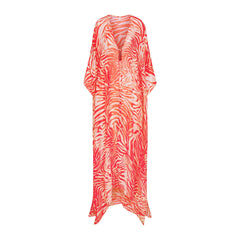 SHEER COVER-UPS LONG KAFTAN | CARMINE ZEBRA PRINT FLAT ON A WHITE BACKGROUND | FLT