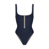 SIGNATURE SWIM SNAP FRONT ONE PIECE | NAVY CONTRAST LAYS FLAT ON A WHITE BACKGROUND | FLT