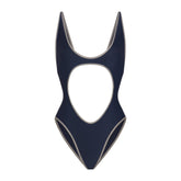 SIGNATURE SWIM CUT OUT ONE PIECE | NAVY CONTRAST LAYS FLAT ON A WHITE BACKGROUND | FLT
