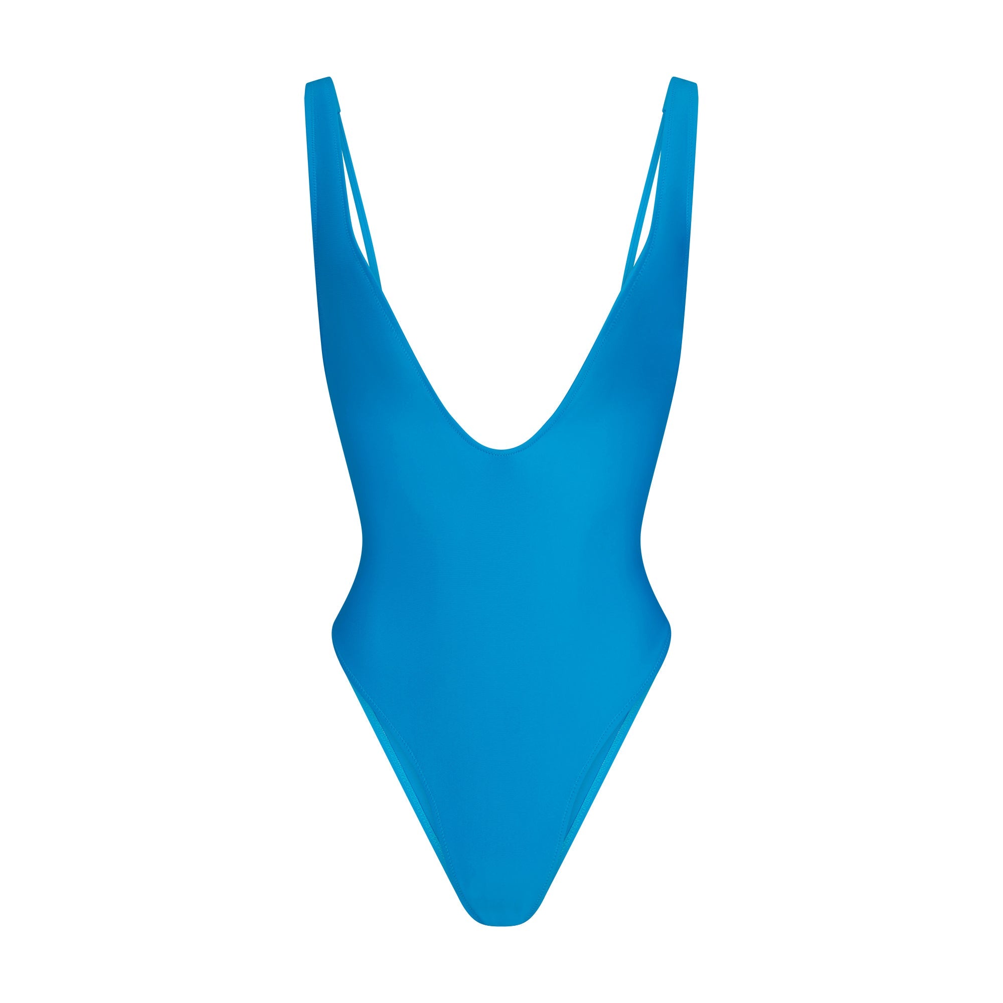 SIGNATURE SWIM PLUNGE ONE PIECE | CERULEAN LAYS FLAT ON A WHITE BACKGROUND | FLT
