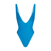 SIGNATURE SWIM PLUNGE ONE PIECE | CERULEAN LAYS FLAT ON A WHITE BACKGROUND | FLT
