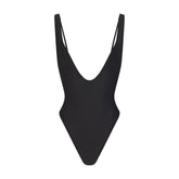 SIGNATURE SWIM PLUNGE ONE PIECE | ONYX LAYS FLAT ON A WHITE BACKGROUND | FLT