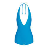 SIGNATURE SWIM PLUNGE SHORTIE ONE PIECE | CERULEAN LAYS FLAT ON A WHITE BACKGROUND | FLT