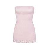SATIN SWIM RUCHED MINI DRESS | CHERRY BLOSSOM FLAT ON A WHITE BACKGROUND | FLT