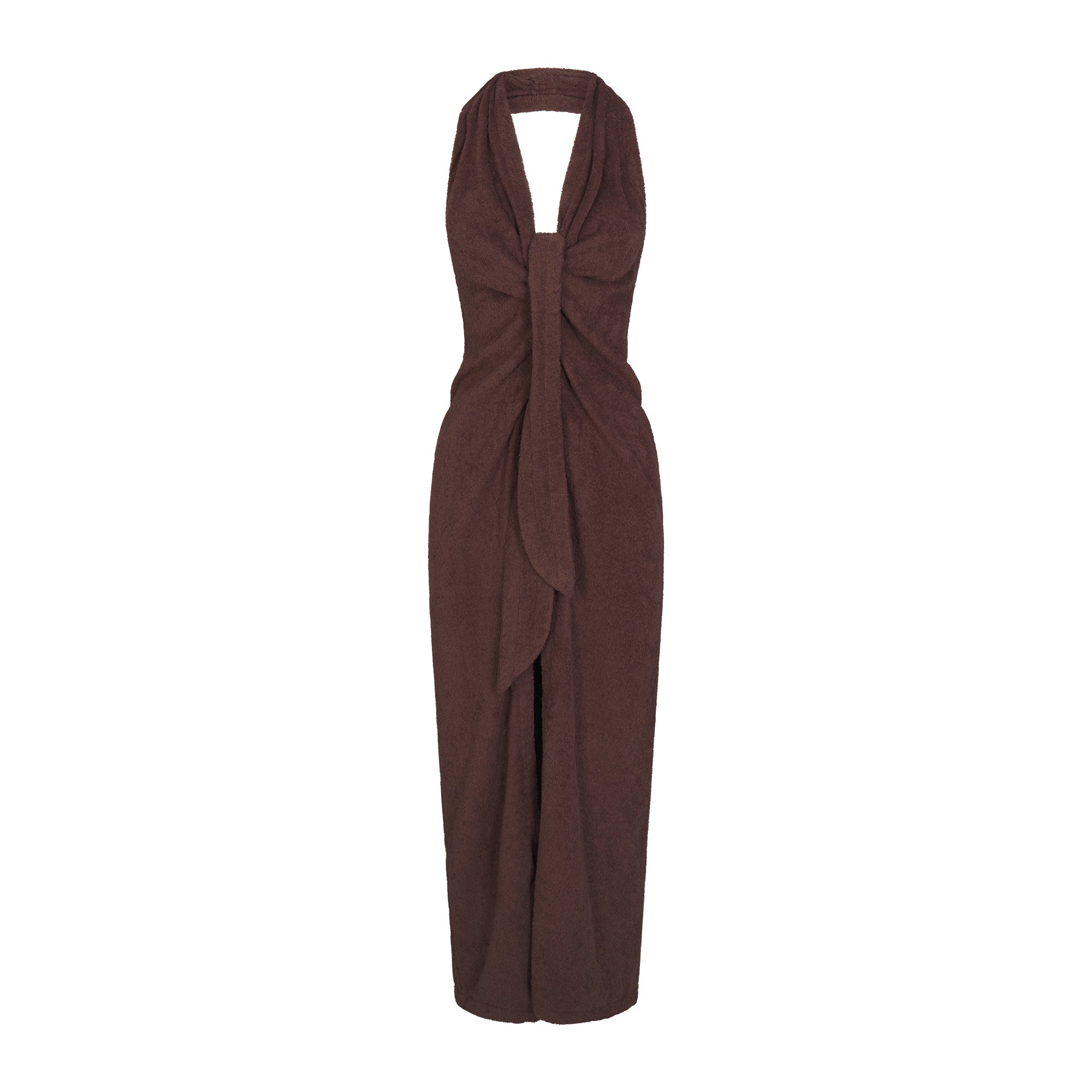 TERRY COVER-UPS DEEP PLUNGE HALTER WRAP DRESS | DARK SEPIA LAYS FLAT ON A WHITE BACKGROUND | FLT