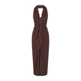 TERRY COVER-UPS DEEP PLUNGE HALTER WRAP DRESS | DARK SEPIA LAYS FLAT ON A WHITE BACKGROUND | FLT