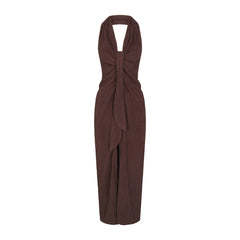 TERRY COVER-UPS DEEP PLUNGE HALTER WRAP DRESS | DARK SEPIA LAYS FLAT ON A WHITE BACKGROUND | FLT