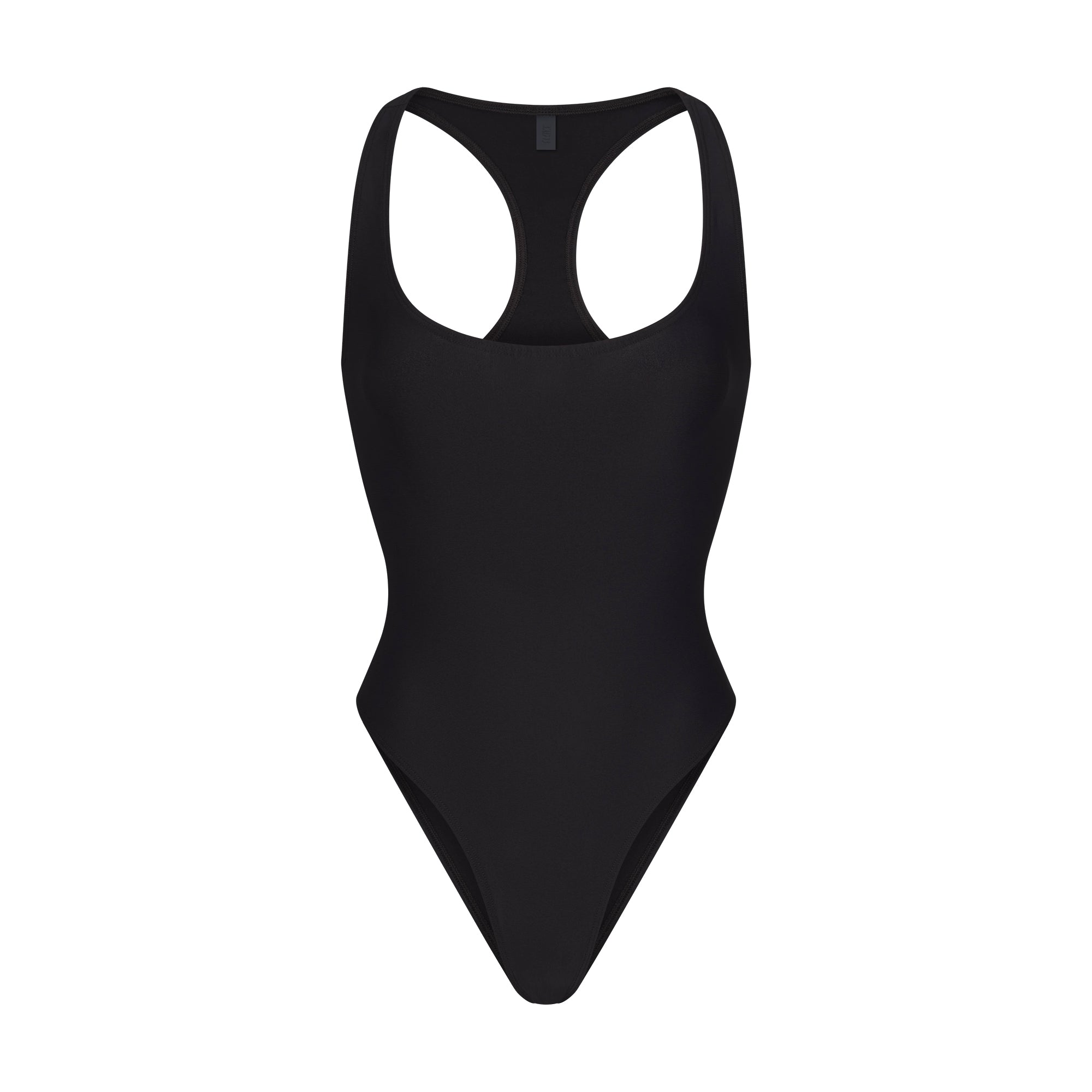 ICONIC SWIM RACERBACK ONE PIECE | OBSIDIAN FLAT ON A WHITE BACKGROUND | FLT