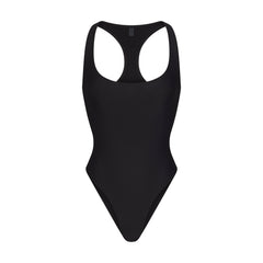 ICONIC SWIM RACERBACK ONE PIECE | OBSIDIAN FLAT ON A WHITE BACKGROUND | FLT