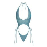 SIGNATURE SWIM PLUNGE MONOKINI | CYAN FK OMBRE PRINT LAYS FLAT ON A WHITE BACKGROUND | FLT
