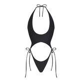 SIGNATURE SWIM PLUNGE MONOKINI | ONYX LAYS FLAT ON A WHITE BACKGROUND | FLT