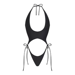 SIGNATURE SWIM PLUNGE MONOKINI | ONYX LAYS FLAT ON A WHITE BACKGROUND | FLT