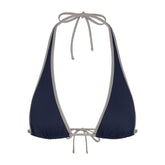 SIGNATURE SWIM HALTER PLUNGE BIKINI TOP | NAVY CONTRAST LAYS FLAT ON A WHITE BACKGROUND | FLT