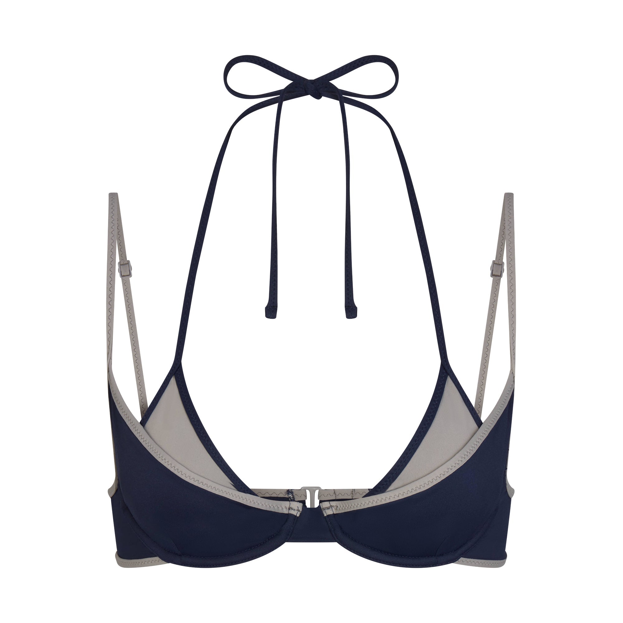 SIGNATURE SWIM LAYERED PLUNGE BIKINI TOP | NAVY CONTRAST LAYS FLAT ON A WHITE BACKGROUND | FLT