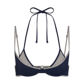 SIGNATURE SWIM LAYERED PLUNGE BIKINI TOP | NAVY CONTRAST LAYS FLAT ON A WHITE BACKGROUND | FLT