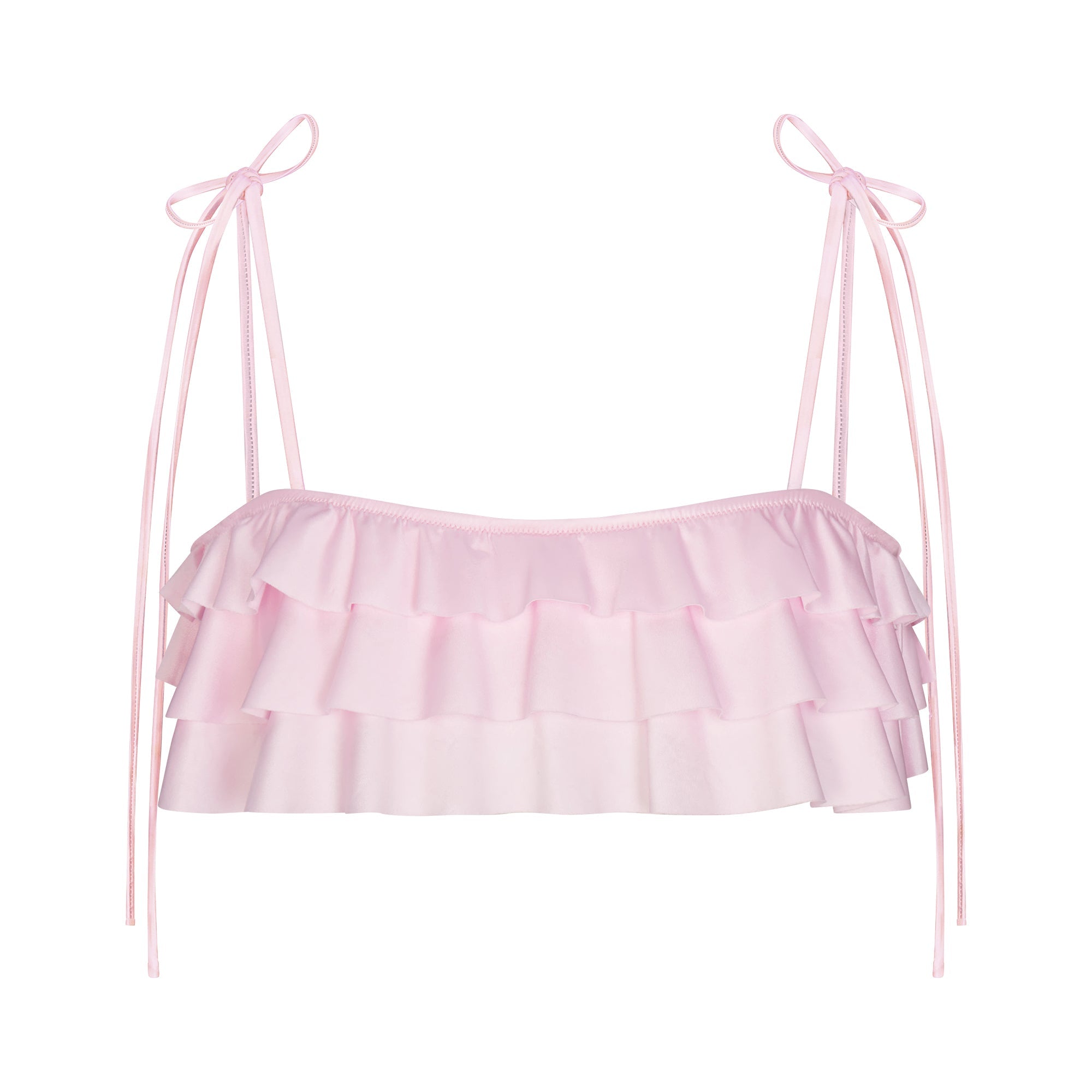 SATIN SWIM RUFFLE BANDEAU BIKINI TOP | CHERRY BLOSSOM FLAT ON A WHITE BACKGROUND | FLT