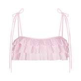 SATIN SWIM RUFFLE BANDEAU BIKINI TOP | CHERRY BLOSSOM FLAT ON A WHITE BACKGROUND | FLT