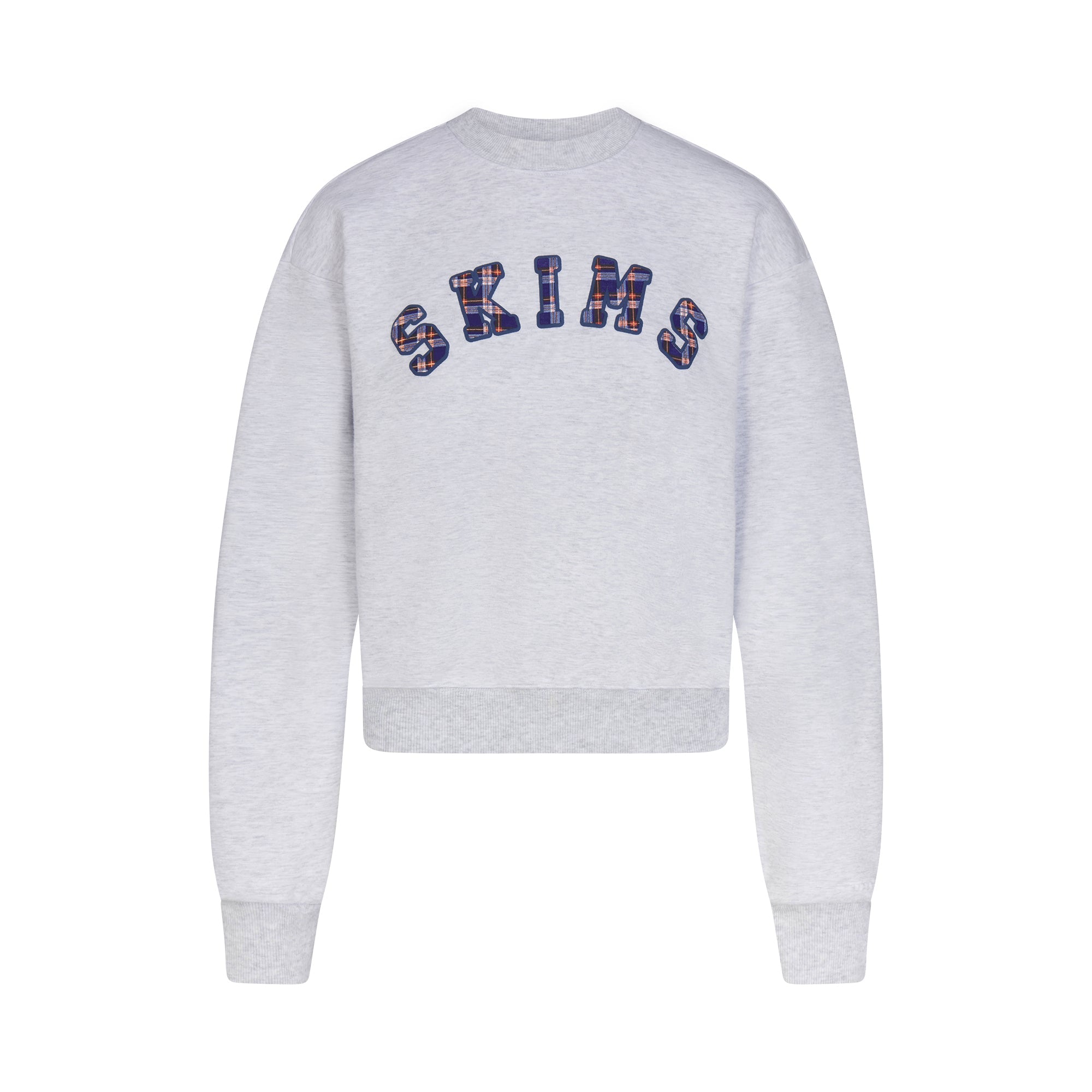 COTTON FLEECE LOGO CLASSIC CREWNECK | PLAID ARCHED LOGO PATCH FLAT ON A WHITE BACKGROUND | FLT