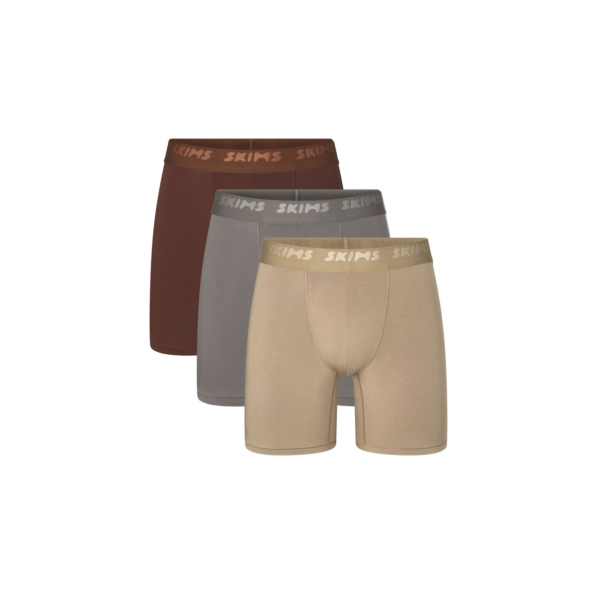 SKIMS STRETCH MENS 5" BOXER BRIEF 3-PACK | DESERT MULTI (MENS BOXERS) FLAT ON A WHITE BACKGROUND | FLT | FOCUS: 0.0, 1.0, 0.9