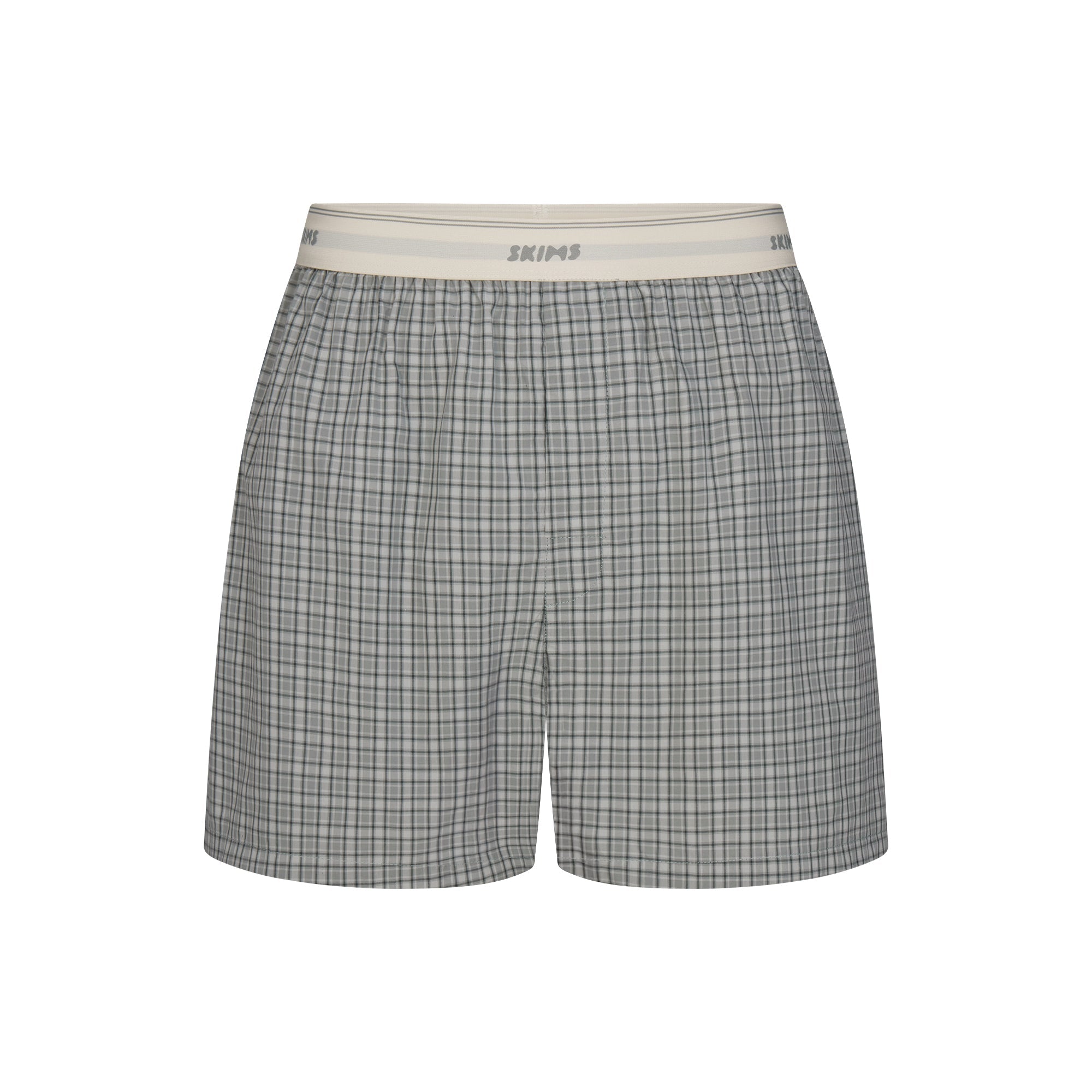 COTTON POPLIN MENS LOGO BAND BOXER | SLATE GREY CHECK FLAT ON A WHITE BACKGROUND | FLT