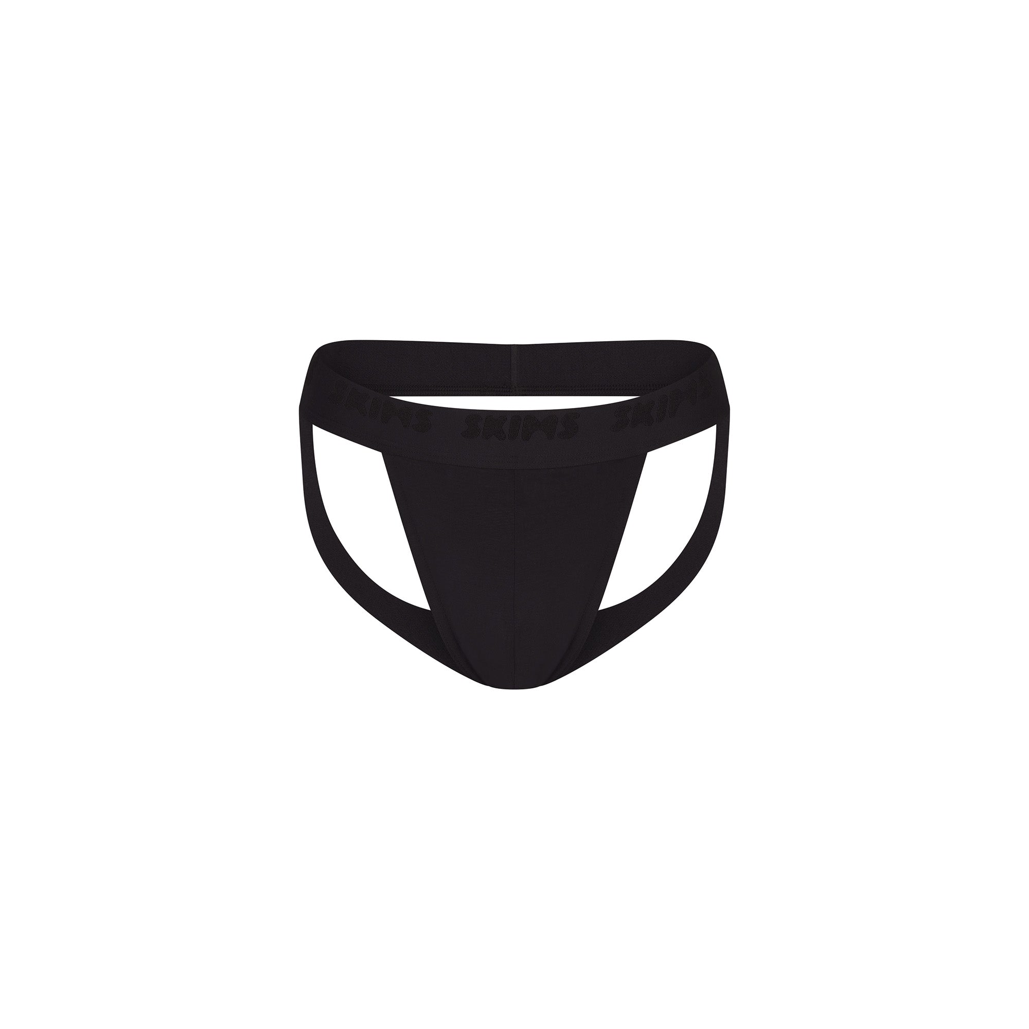 SKIMS STRETCH MENS JOCKSTRAP | OBSIDIAN FLAT ON A WHITE BACKGROUND @ | FOCUS: 0.0, 1.0, 0.9