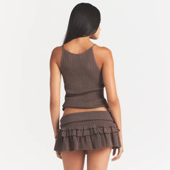 SHEER KNIT PLUNGE TANK | AMETHYST ON A MODEL BACK VIEW @ | FOCUS: 0.0, 1.0, 0.9