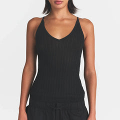 SHEER KNIT PLUNGE TANK | ONYX ON A MODEL FRONT VIEW @ | FOCUS: 0.0, 1.0, 0.9