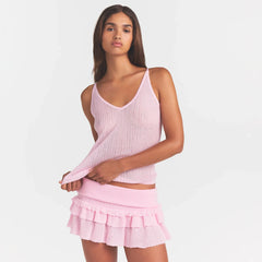 SHEER KNIT PLUNGE TANK | PEONY ON A MODEL FRONT VIEW @ | FOCUS: 0.0, 1.0, 0.9