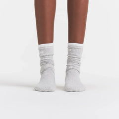 RIBBED CREW LOGO SOCK | LIGHT HEATHER GREY AND SNOW ON A MODEL | FOCUS: 0.0, 1.0, 0.9