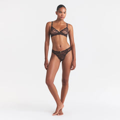 STRETCH LACE UNLINED DEMI BRA | ESPRESSO ON A MODEL FRONT VIEW @ | FOCUS: 0.0, 1.0, 0.9