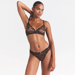 STRETCH LACE UNLINED DEMI BRA | ESPRESSO ON A MODEL SIDE VIEW @ | FOCUS: 0.0, 1.0, 0.9