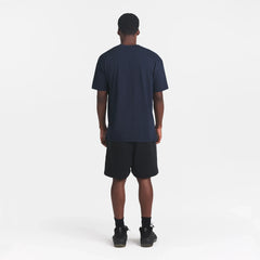 HEAVYWEIGHT COTTON MENS RELAXED T-SHIRT | BLUE BLACK ON A MODEL BACK VIEW @ | FOCUS: 0.0, 1.0, 0.9