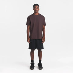HEAVYWEIGHT COTTON MENS RELAXED T-SHIRT | RAISIN ON A MODEL FRONT VIEW @ | FOCUS: 0.0, 1.0, 0.9
