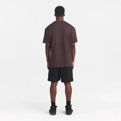 HEAVYWEIGHT COTTON MENS RELAXED T-SHIRT | RAISIN ON A MODEL BACK VIEW @ | FOCUS: 0.0, 1.0, 0.9