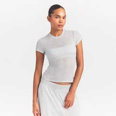 SHEER RIB T-SHIRT | LIGHT HEATHER GREY ON A MODEL SIDE VIEW @ | FOCUS: 0.0, 1.0, 0.9