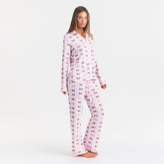 SKIMS SLEEP LONG SLEEVE BUTTON UP SET | PEONY BUTTERFLY PRINT ON A MODEL FRONT VIEW @ | FOCUS: 0.0, 1.0, 0.9