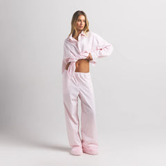 COTTON POPLIN OVERSIZED SLEEP SET | CHERRY BLOSSOM STRIPE ON A MODEL FRONT VIEW @ | FOCUS: 0.0, 1.0, 0.9