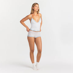 FITS EVERYBODY LACE TRIANGLE CAMI AND BOY SHORT SET | SLATE PIN DOT PRINT ON A MODEL FRONT VIEW @ | FOCUS: 0.0, 1.0, 0.9
