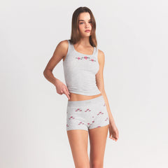 COTTON RIB TANK AND SHORT SET | LIGHT HEATHER GREY TRIPLE HEARTS ON A MODEL FRONT VIEW @ | FOCUS: 0.0, 1.0, 0.9