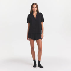 ORGANIC COTTON SLEEP SHORT SLEEVE SET | OBSIDIAN ON A MODEL FRONT VIEW @ | FOCUS: 0.0, 1.0, 0.9