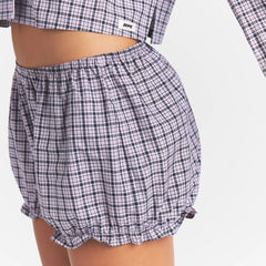 COTTON POPLIN SLEEP CROPPED BUTTON UP AND BLOOMER SET | IRIS MICA NAVY CHECK ON A MODEL | FOCUS: 0.0, 1.0, 0.9